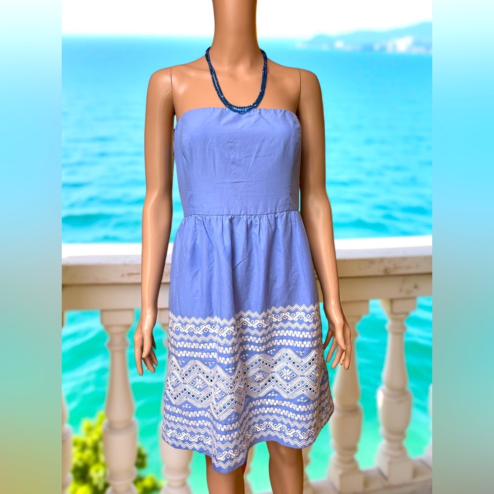 J Crew Blue Strapless Dress Size 8 Cotton Embroidered (3 for $12 item)